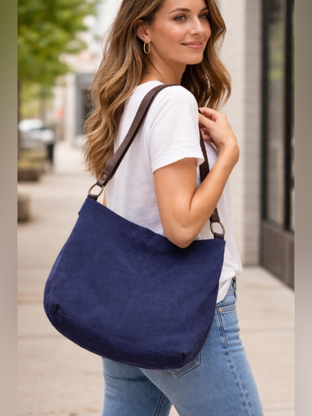 Vintage Y2K Old Navy Leather Large Blue Satchel Hobo Bag Purse Single Strap Boho